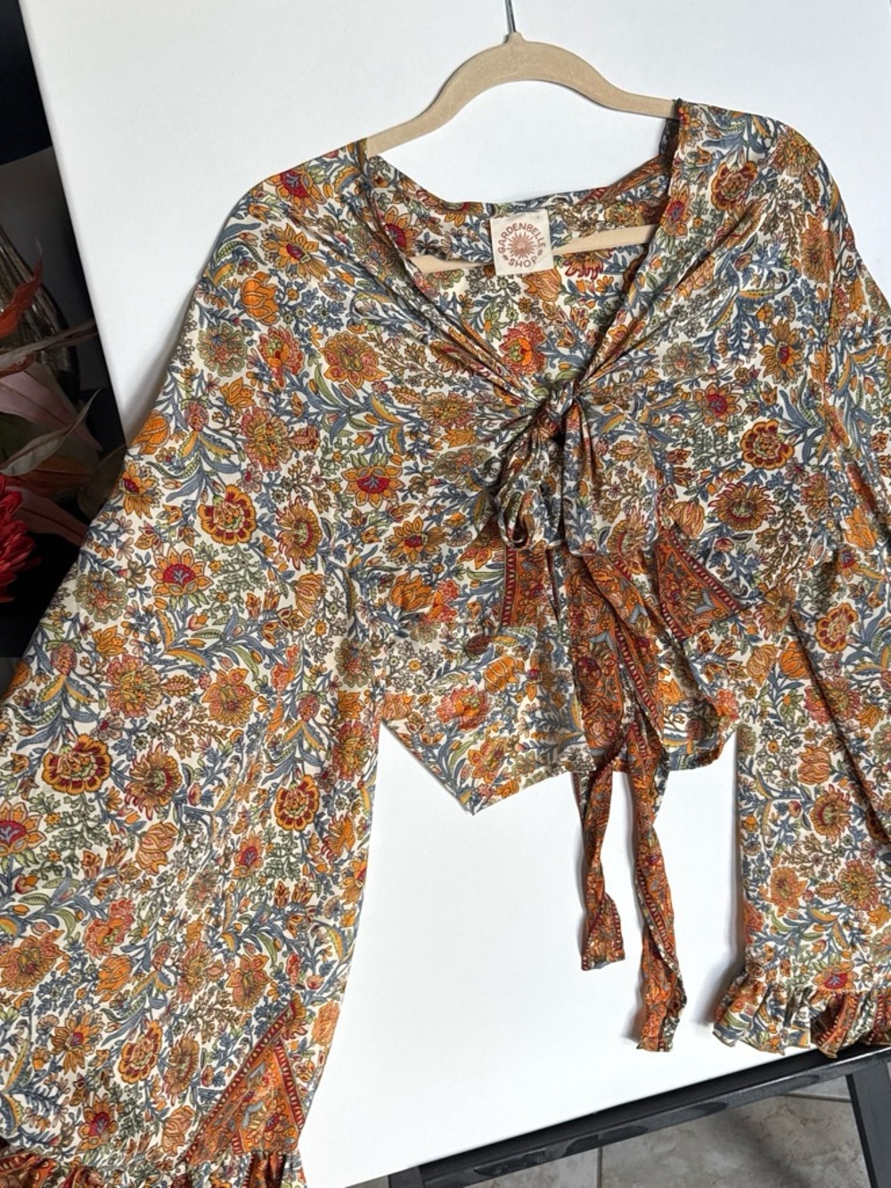 Garden belle shop Spell Cream Floral Tie-Front Blouse